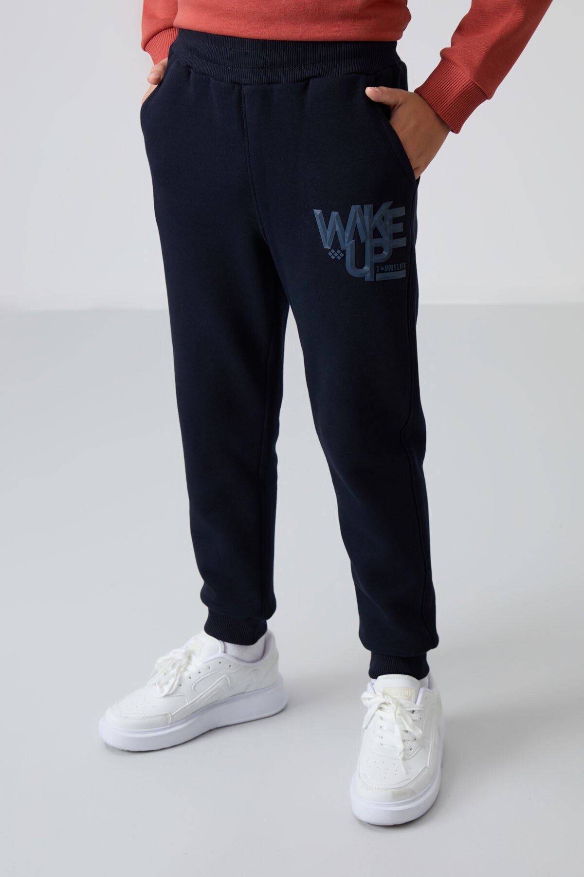 Navy Blue Cotton Thick Fleece-Lined Soft Textured Standard Fit Printed Boys' Tracksuit Set - 11253
