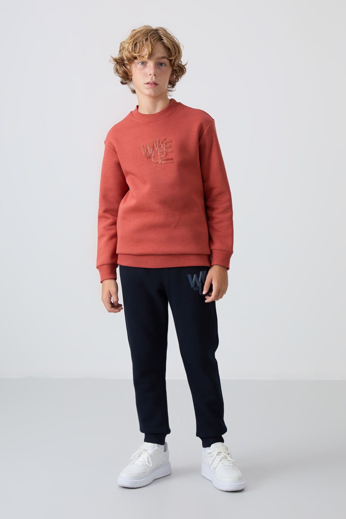 Navy Blue Cotton Thick Fleece-Lined Soft Textured Standard Fit Printed Boys' Tracksuit Set - 11253