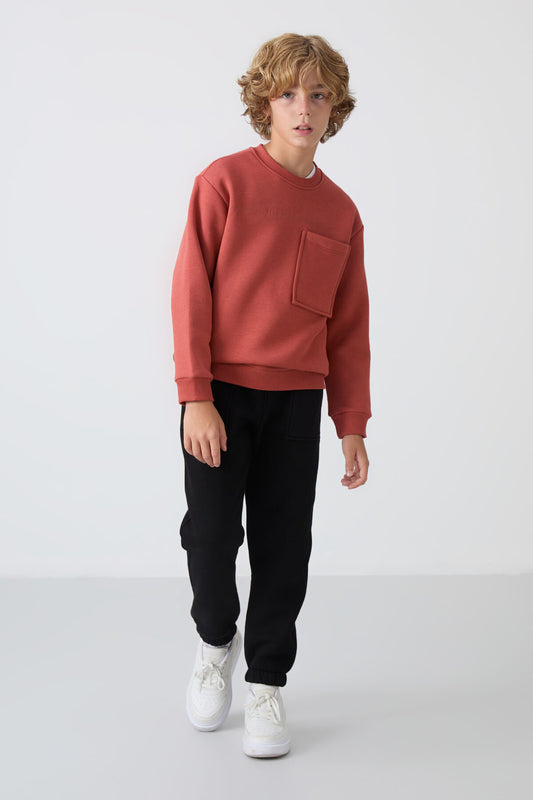 Tile-Black Cotton Thick Fleece-Lined Soft Textured Standard Fit Printed Boys' Tracksuit Set - 11257