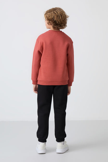 Tile-Black Cotton Thick Fleece-Lined Soft Textured Standard Fit Printed Boys' Tracksuit Set - 11257
