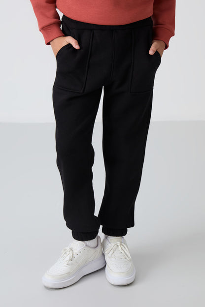 Tile-Black Cotton Thick Fleece-Lined Soft Textured Standard Fit Printed Boys' Tracksuit Set - 11257
