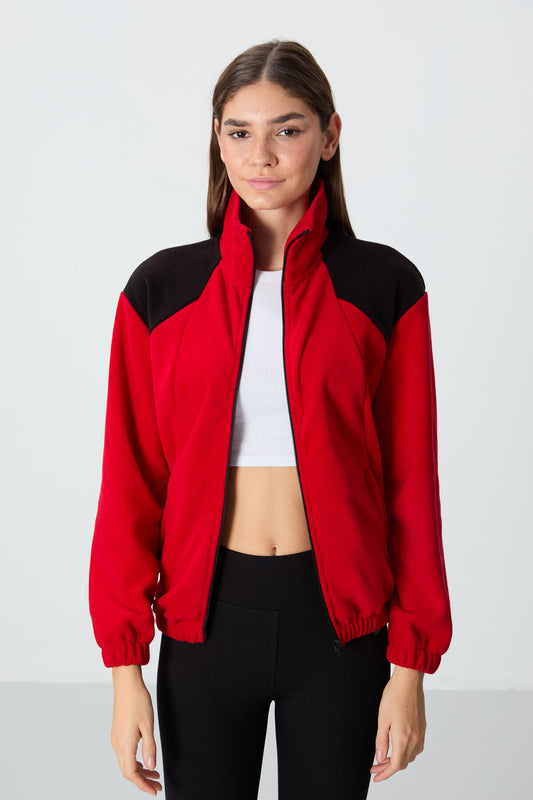 Red Thick Soft Textured Stand Collar Oversize Embroidered Fleece Women's Sweatshirt - 97293
