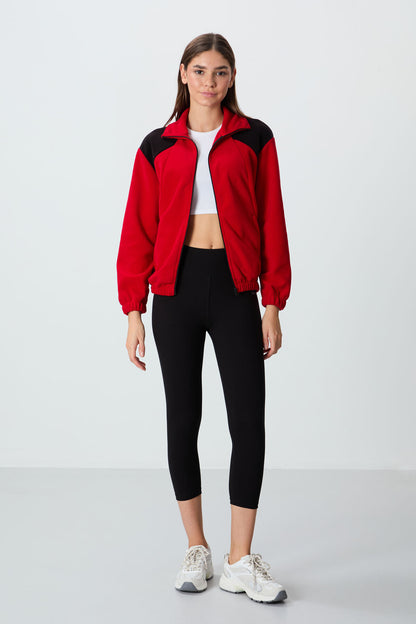 Red Thick Soft Textured Stand Collar Oversize Embroidered Fleece Women's Sweatshirt - 97293
