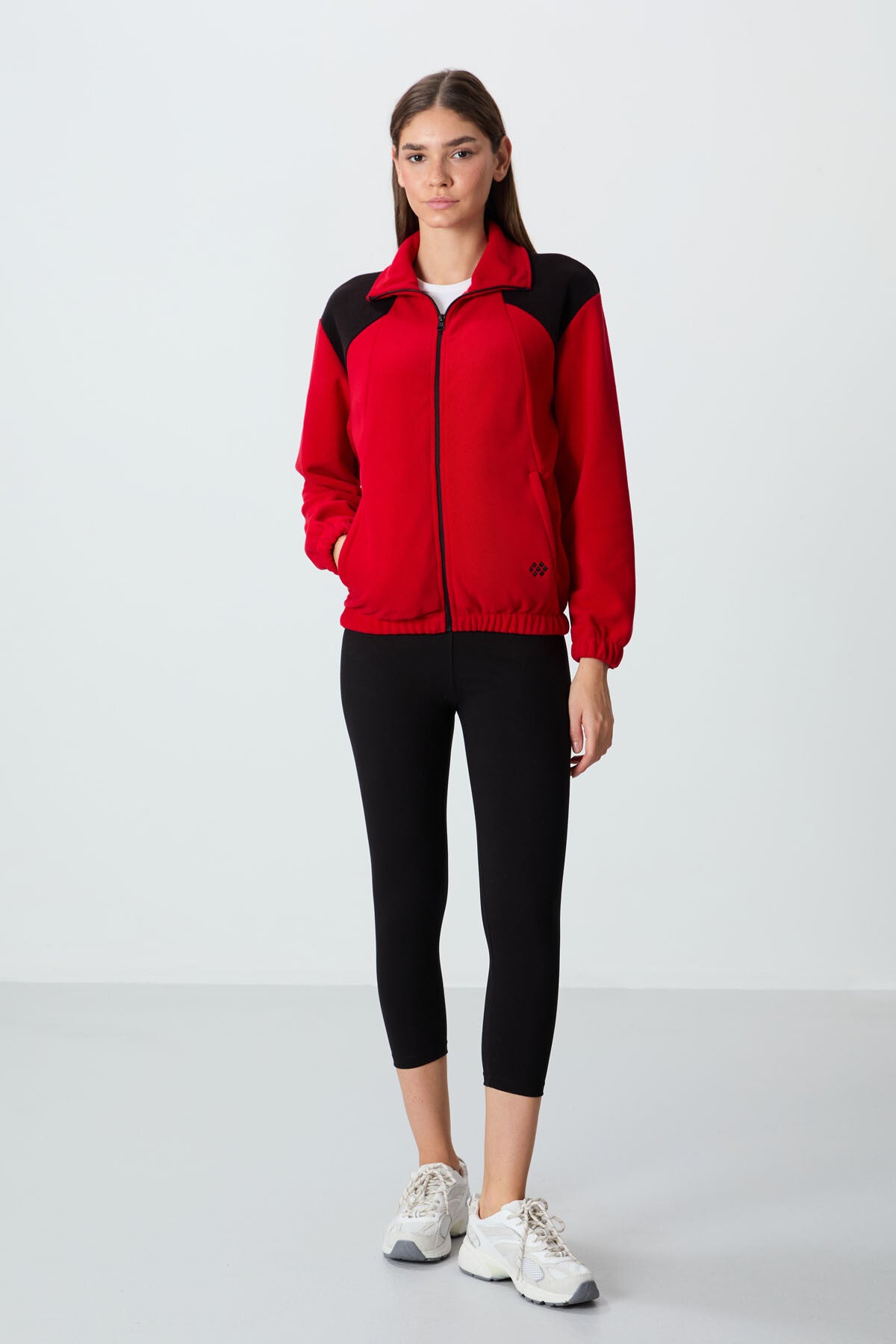 Red Thick Soft Textured Stand Collar Oversize Embroidered Fleece Women's Sweatshirt - 97293