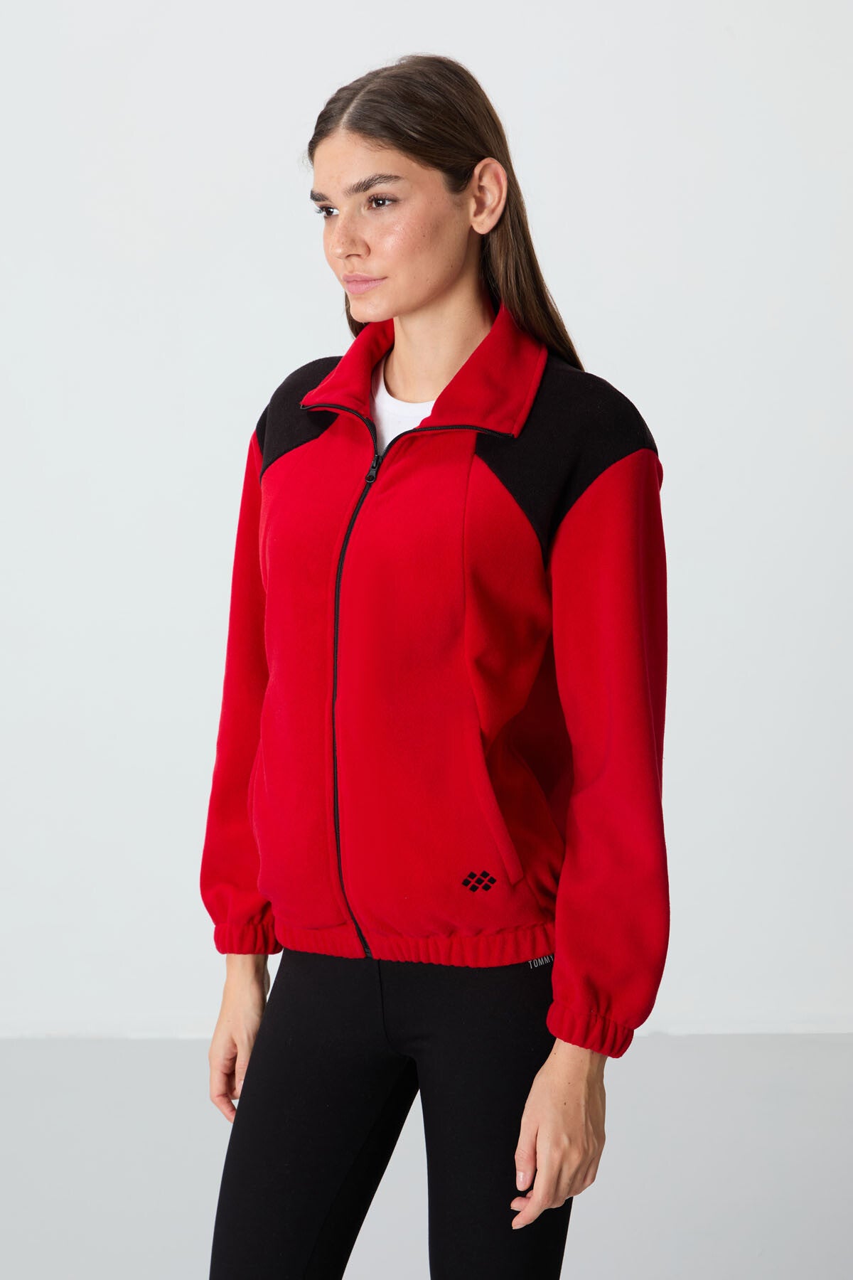 Red Thick Soft Textured Stand Collar Oversize Embroidered Fleece Women's Sweatshirt - 97293
