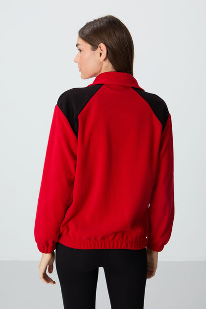 Red Thick Soft Textured Stand Collar Oversize Embroidered Fleece Women's Sweatshirt - 97293