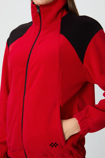 Red Thick Soft Textured Stand Collar Oversize Embroidered Fleece Women's Sweatshirt - 97293