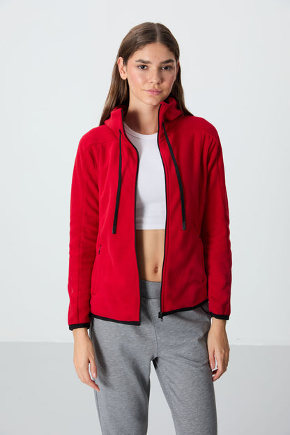 Red Thick Soft Textured Hooded Standard Fit Embroidered Fleece Women's Sweatshirt -97287