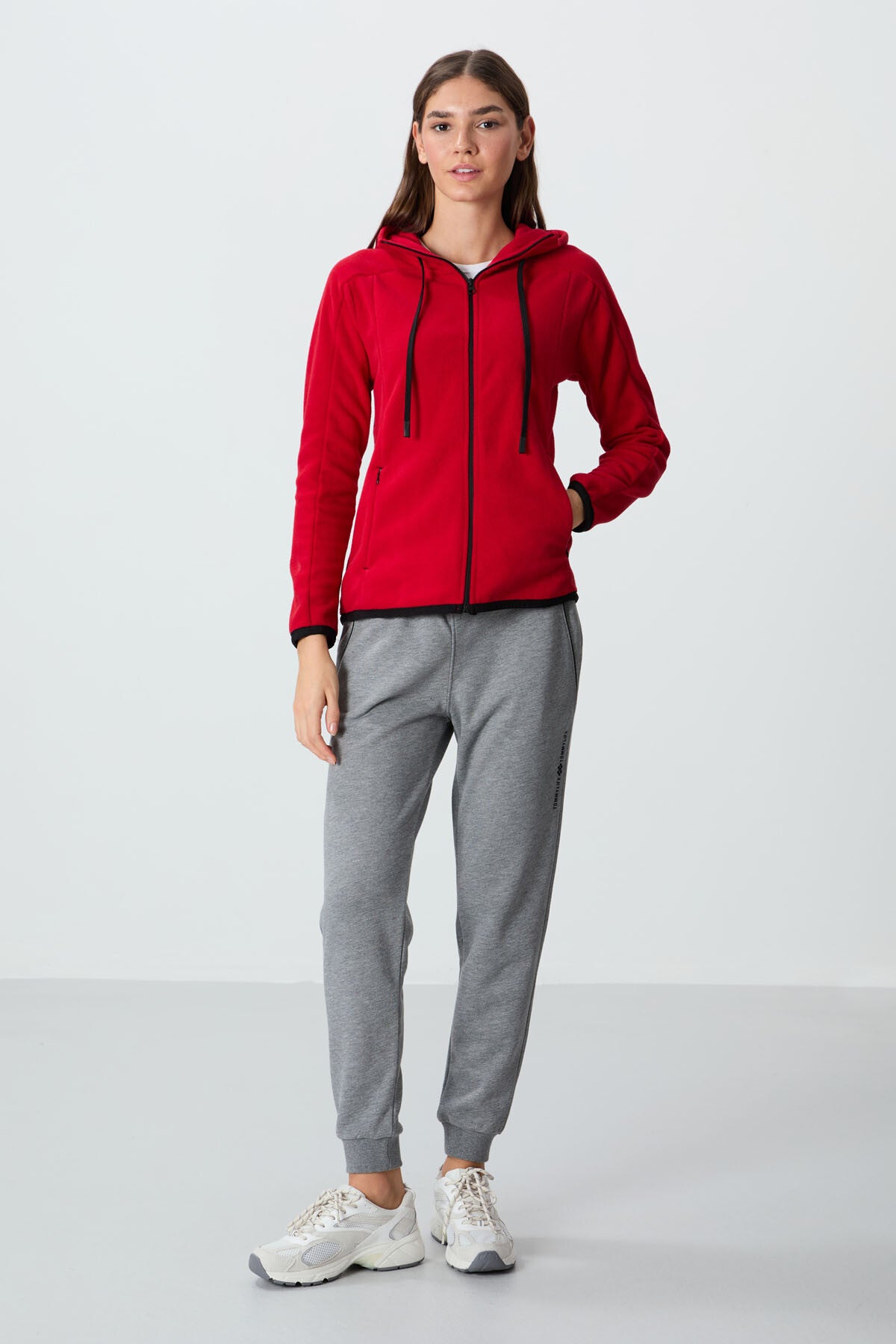 Red Thick Soft Textured Hooded Standard Fit Embroidered Fleece Women's Sweatshirt -97287