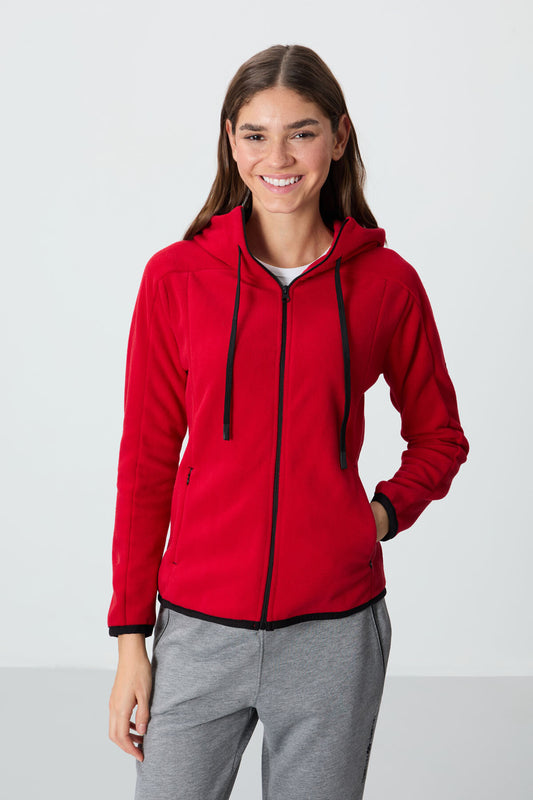 Red Thick Soft Textured Hooded Standard Fit Embroidered Fleece Women's Sweatshirt -97287