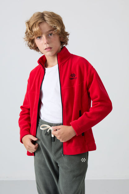 Red Thick Soft Textured Standard Fit Embroidered Fleece Boys' Sweatshirt - 11223