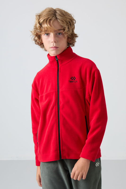 Red Thick Soft Textured Standard Fit Embroidered Fleece Boys' Sweatshirt - 11223