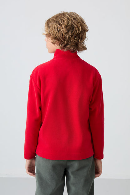 Red Thick Soft Textured Standard Fit Embroidered Fleece Boys' Sweatshirt - 11223