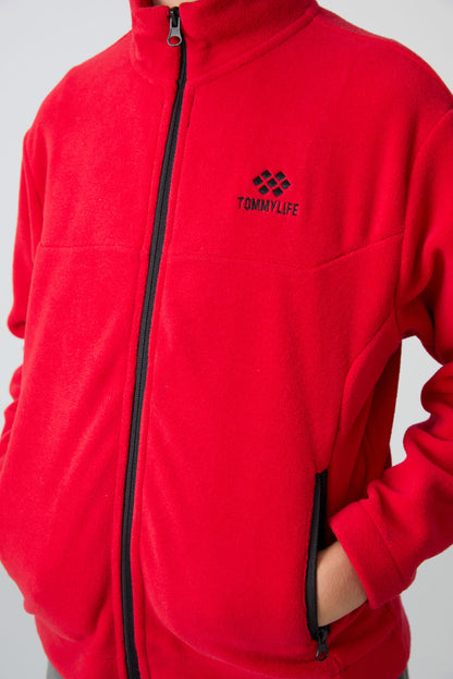Red Thick Soft Textured Standard Fit Embroidered Fleece Boys' Sweatshirt - 11223