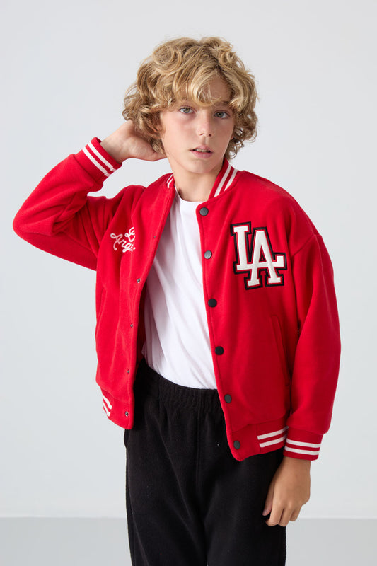 Red Thick Soft Textured Standard Fit Embroidered Fleece Boys' College Jacket - 11227