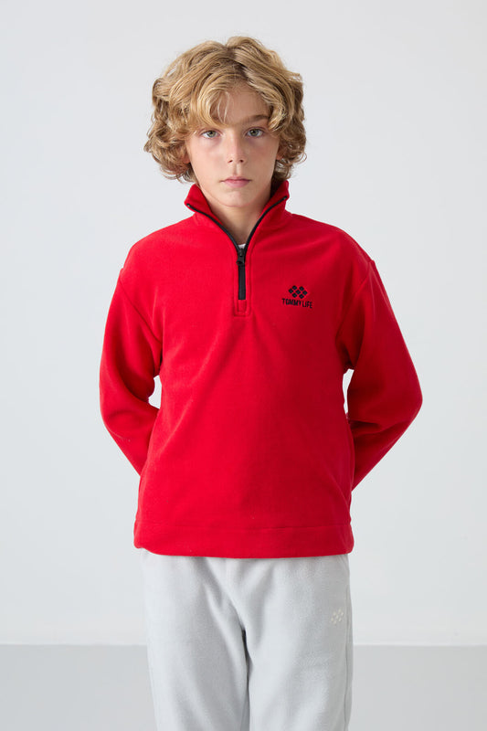 Red Thick Soft Textured Standard Fit Embroidered Fleece Boys' Sweatshirt - 11221