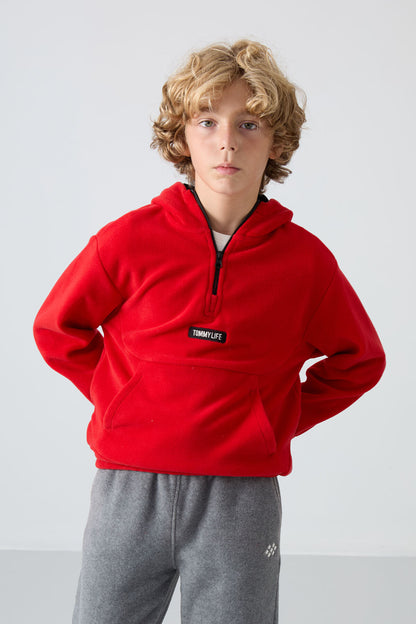 Red Thick Soft Textured Standard Fit Embroidered Fleece Boys' Sweatshirt - 11230