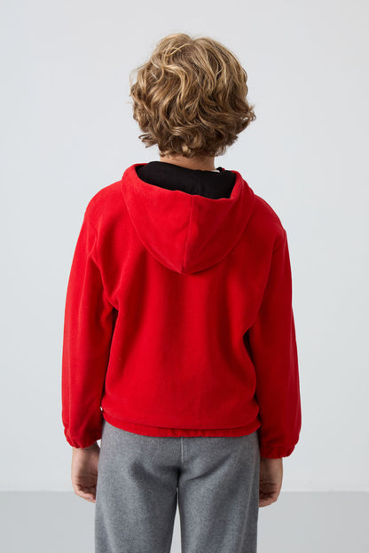 Red Thick Soft Textured Standard Fit Embroidered Fleece Boys' Sweatshirt - 11230