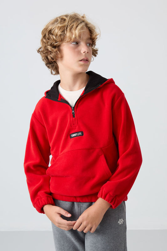 Red Thick Soft Textured Standard Fit Embroidered Fleece Boys' Sweatshirt - 11230