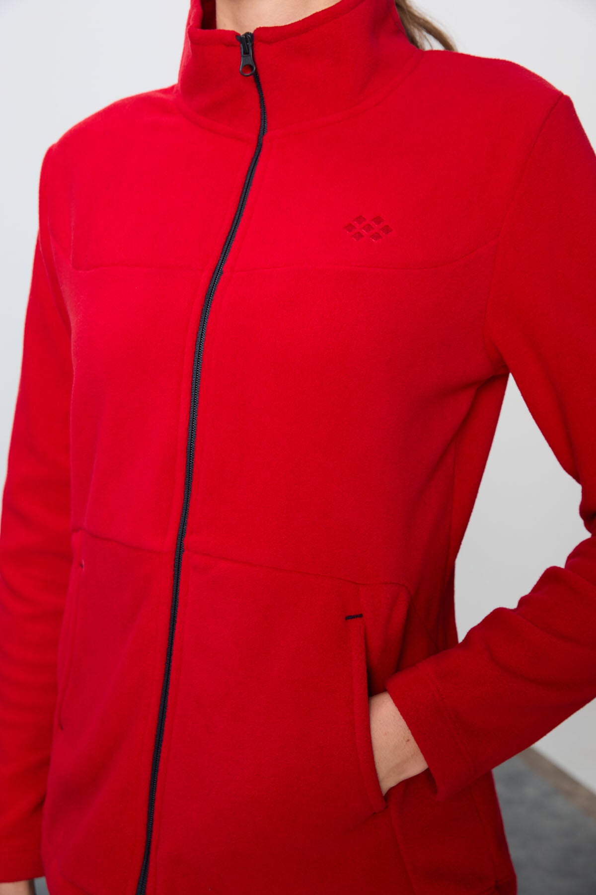 Red-Navy Thick Soft Textured Stand Collar Oversize Embroidered Fleece Women's Tracksuit Set -95339