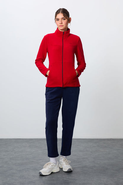 Red-Navy Thick Soft Textured Stand Collar Oversize Embroidered Fleece Women's Tracksuit Set -95339