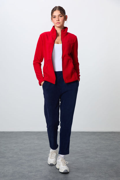 Red-Navy Thick Soft Textured Stand Collar Oversize Embroidered Fleece Women's Tracksuit Set -95339