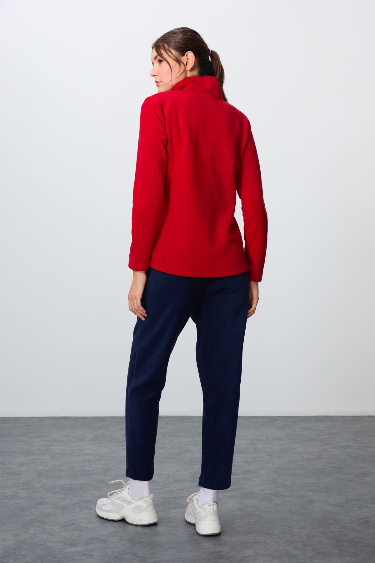 Red-Navy Thick Soft Textured Stand Collar Oversize Embroidered Fleece Women's Tracksuit Set -95339