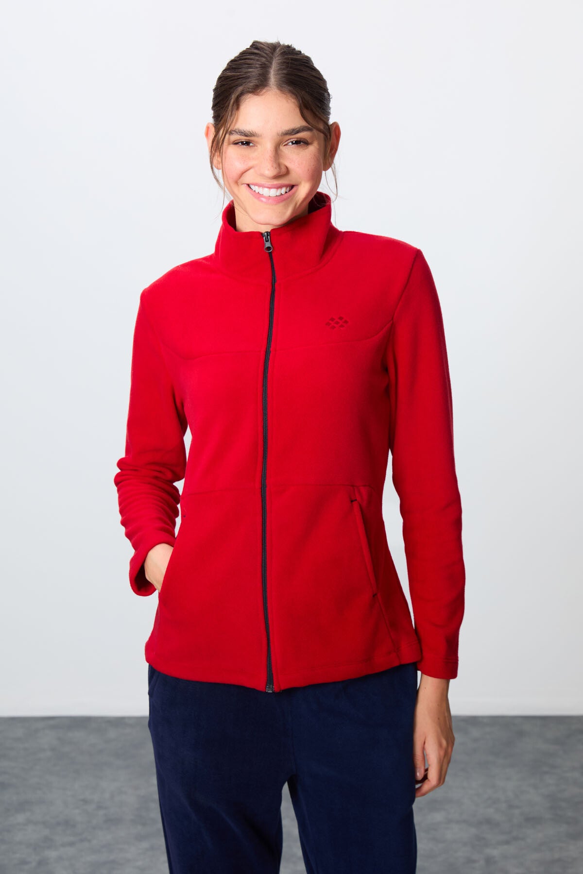 Red-Navy Thick Soft Textured Stand Collar Oversize Embroidered Fleece Women's Tracksuit Set -95339