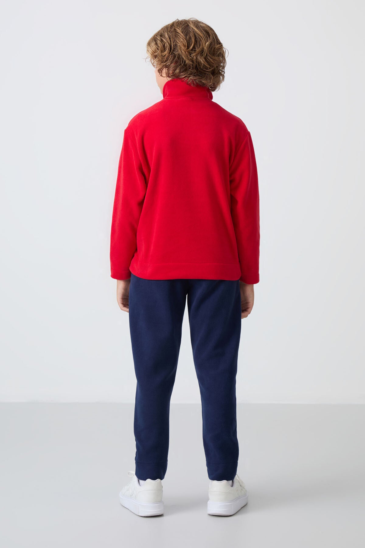 Red-Navy Thick Soft Textured Standard Fit Embroidered Fleece Boys' Tracksuit Set - 11218