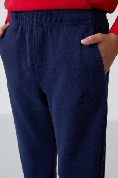 Red-Navy Thick Soft Textured Standard Fit Embroidered Fleece Boys' Tracksuit Set - 11218
