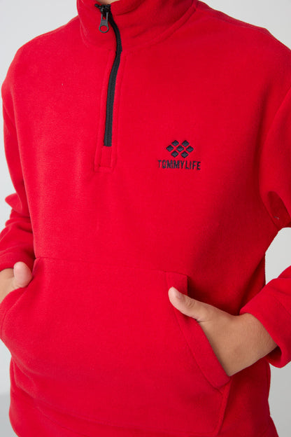 Red-Navy Thick Soft Textured Standard Fit Embroidered Fleece Boys' Tracksuit Set - 11218