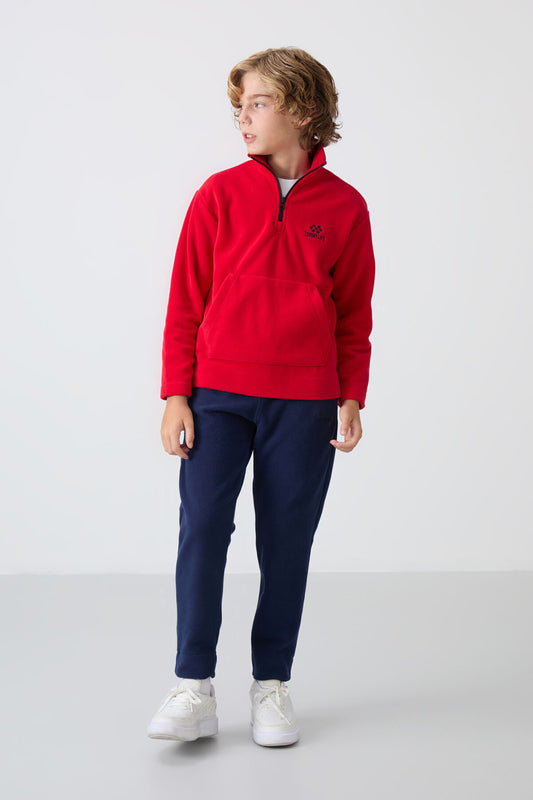 Red-Navy Thick Soft Textured Standard Fit Embroidered Fleece Boys' Tracksuit Set - 11218