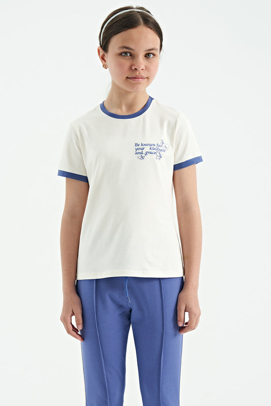 Ecru Minimal Print O Neck Comfort Fit Short Sleeve Girls' T-Shirt - 75110