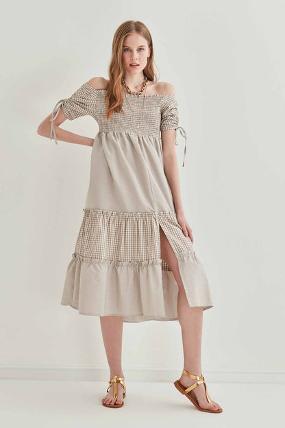 SLEEVES DRAWSTRING COILED COUNTRY DRESS