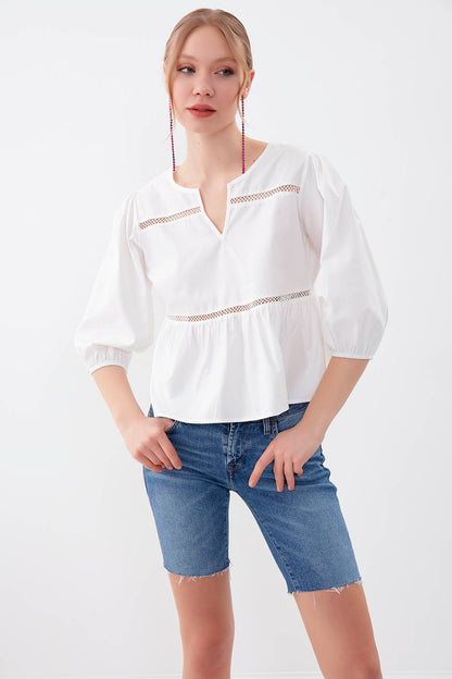 SLEEVES ELASTANE V COLLAR BLOUSE
