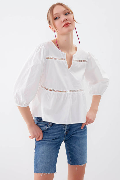 SLEEVES ELASTANE V COLLAR BLOUSE