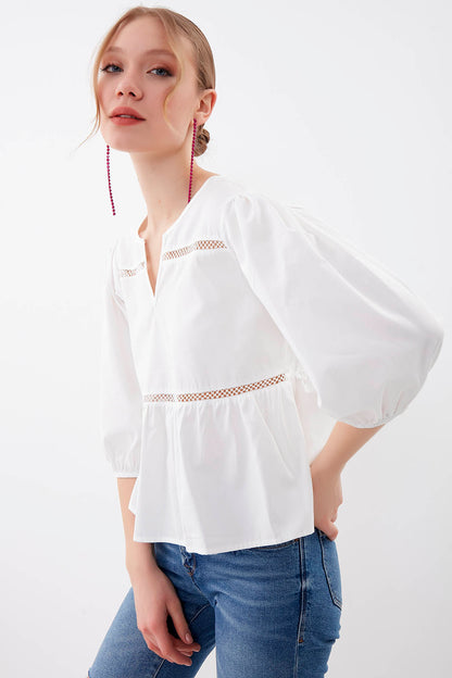 SLEEVES ELASTANE V COLLAR BLOUSE