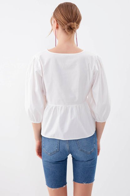 SLEEVES ELASTANE V COLLAR BLOUSE