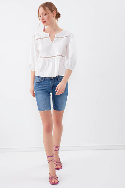 SLEEVES ELASTANE V COLLAR BLOUSE
