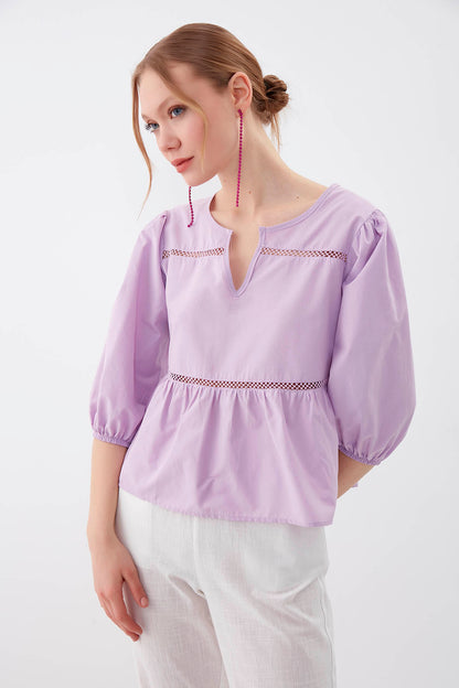SLEEVES ELASTANE V COLLAR BLOUSE