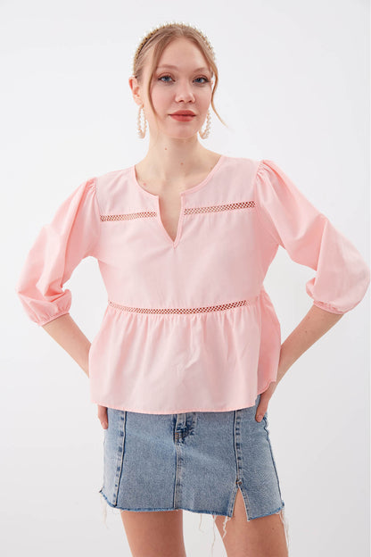 SLEEVES ELASTANE V COLLAR BLOUSE