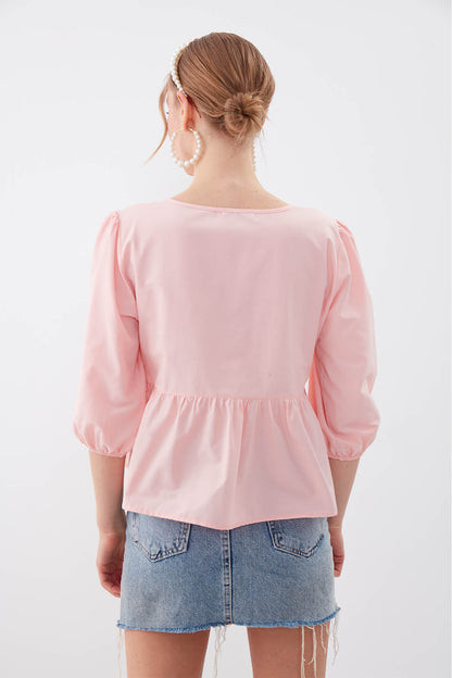 SLEEVES ELASTANE V COLLAR BLOUSE