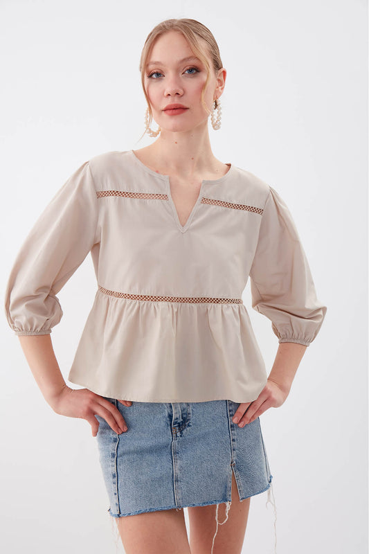 SLEEVES ELASTANE V COLLAR BLOUSE