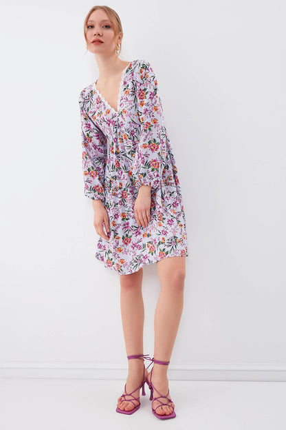 FLORAL DRESS WITH LACED COLLAR & ELASTANE SLEEVES AND WAIST