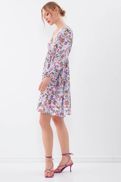 FLORAL DRESS WITH LACED COLLAR & ELASTANE SLEEVES AND WAIST