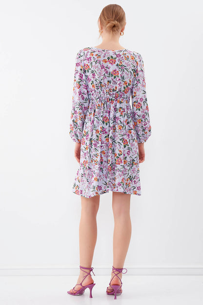 FLORAL DRESS WITH LACED COLLAR & ELASTANE SLEEVES AND WAIST