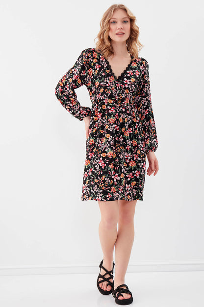 FLORAL DRESS WITH LACED COLLAR & ELASTANE SLEEVES AND WAIST