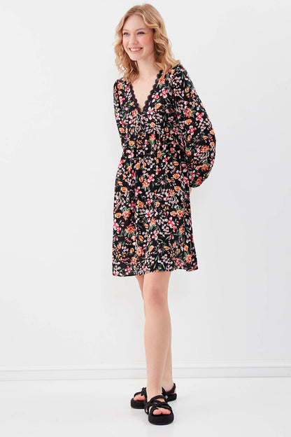 FLORAL DRESS WITH LACED COLLAR & ELASTANE SLEEVES AND WAIST