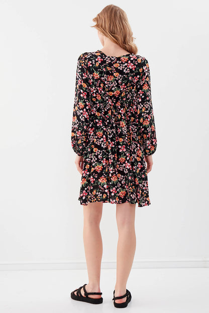 FLORAL DRESS WITH LACED COLLAR & ELASTANE SLEEVES AND WAIST