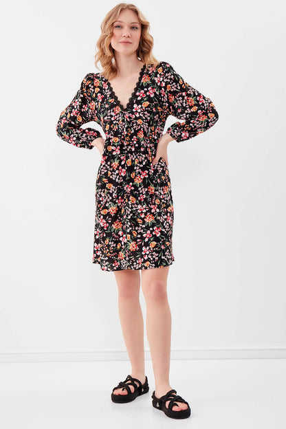 FLORAL DRESS WITH LACED COLLAR & ELASTANE SLEEVES AND WAIST
